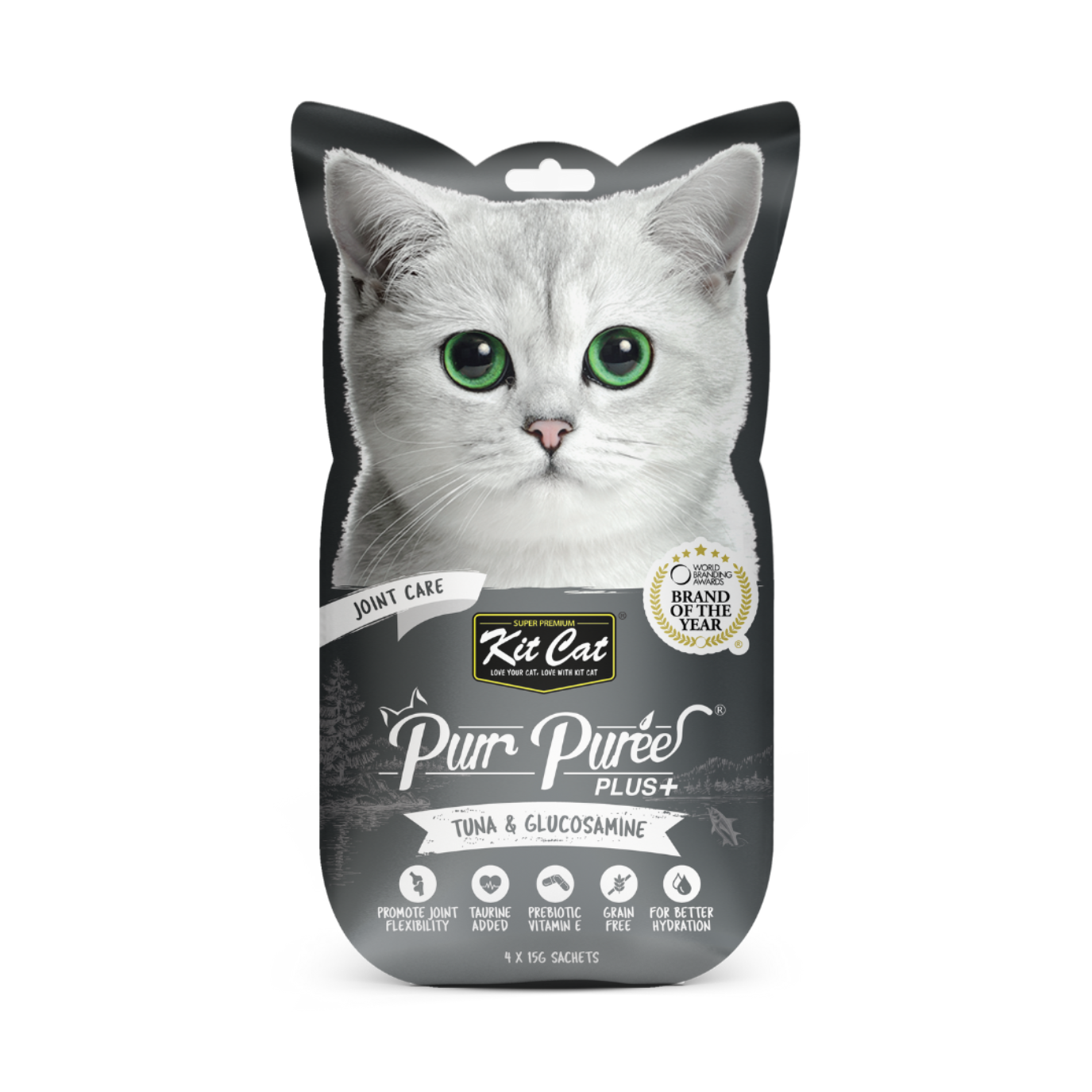 Kit Cat Purr Puree Plus+ Functional Care Cat Treats 4 x 15g – Joint Care – Tuna & Glucosamine