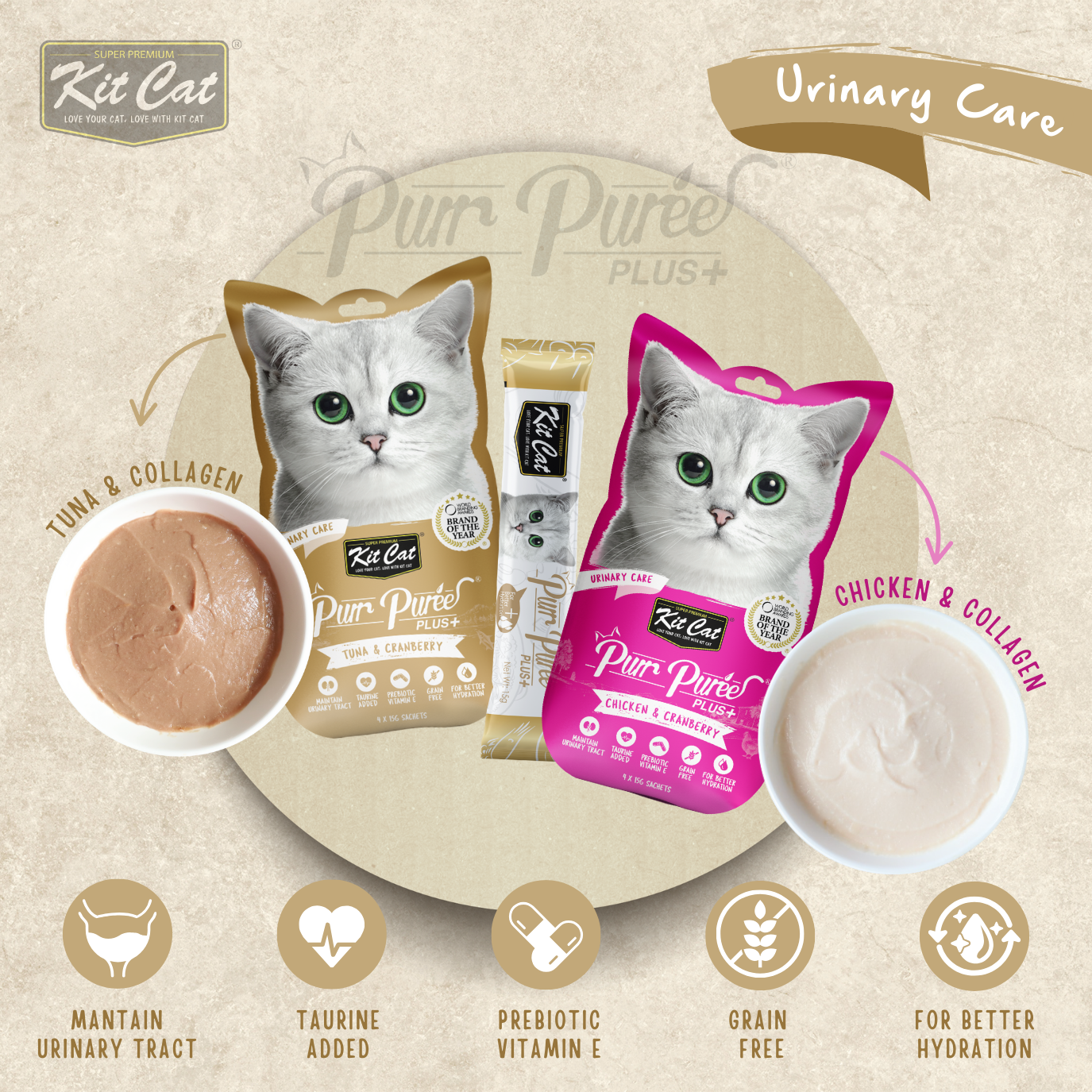Kit Cat Purr Puree Plus+ Functional Care Cat Treats 4 x 15g